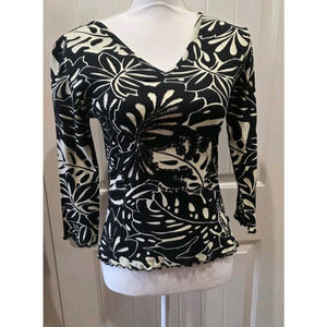 Chaudry B Size S NWT Sample Y2K Black & White Floral Sequin Beads Boho 3/4